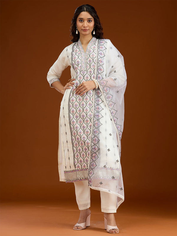 Floral Printed Threadwork Semi Crepe Readymade Salwar Suit
