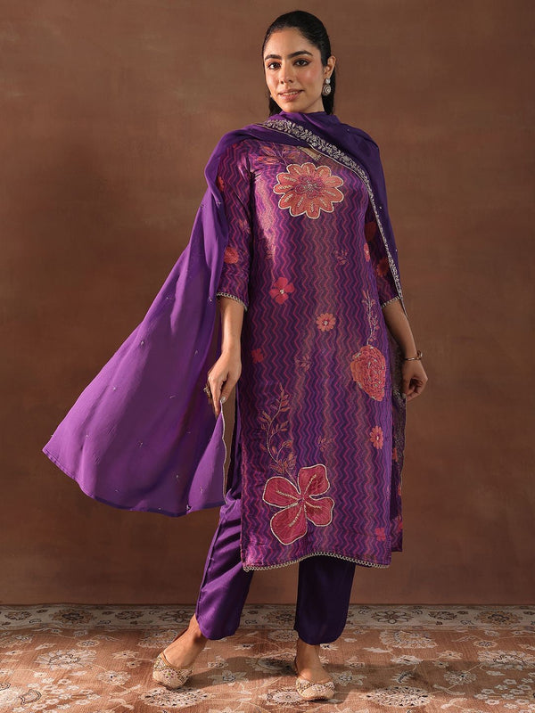 Floral Printed Beads and Stones Straight Kurta with Trousers & Dupatta