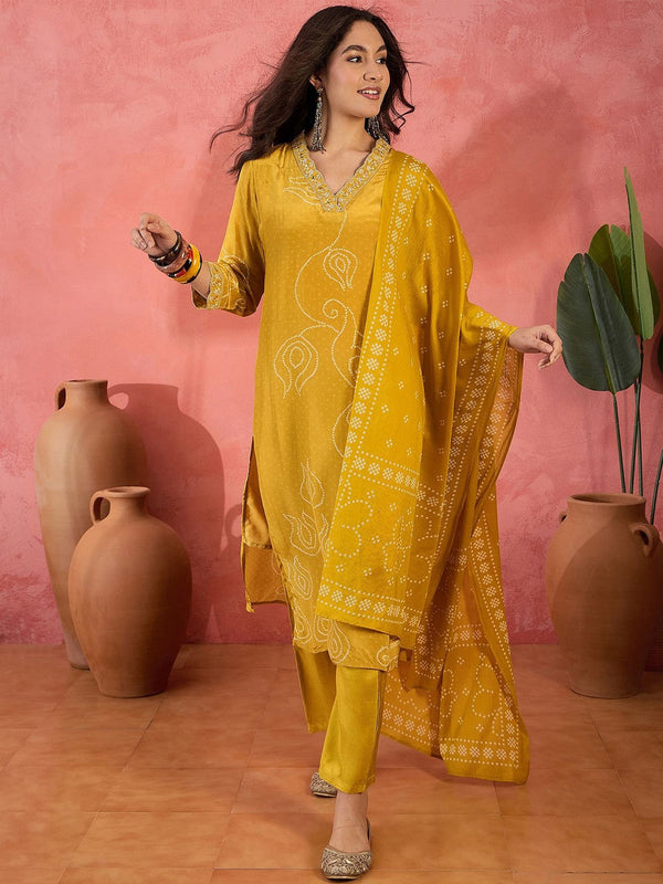 Embroidered & Bandhani Printed Kurta & Trousers With Dupatta